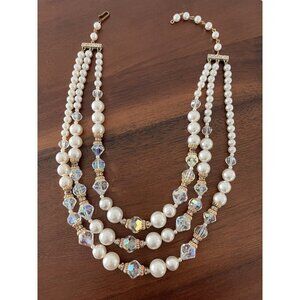 Estate Vintage Aurora Borealis Triple Strand White Faux Pearl Bead Necklace